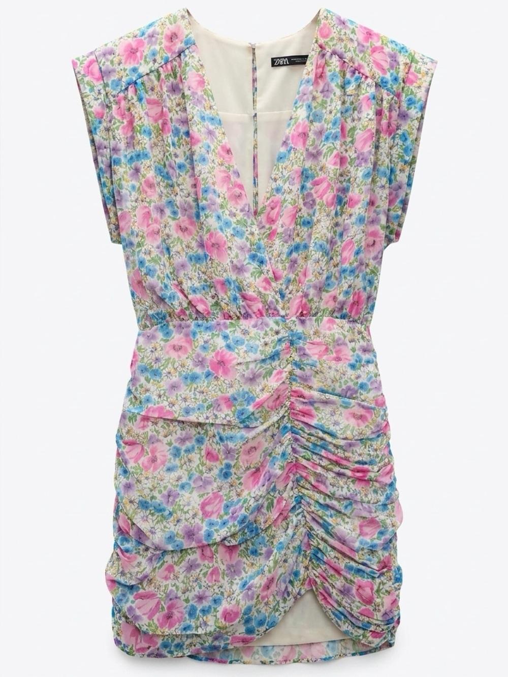 Zara Pink, Blue & Cream Floral Ruched V-Neck Dress